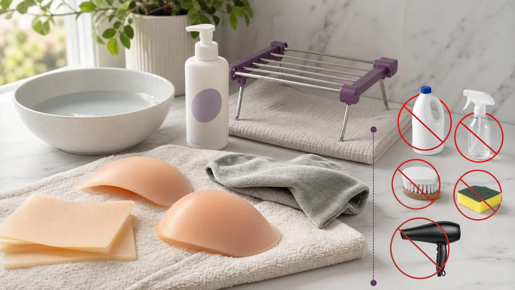 Silicone forms on a towel beside mild cleaning supplies